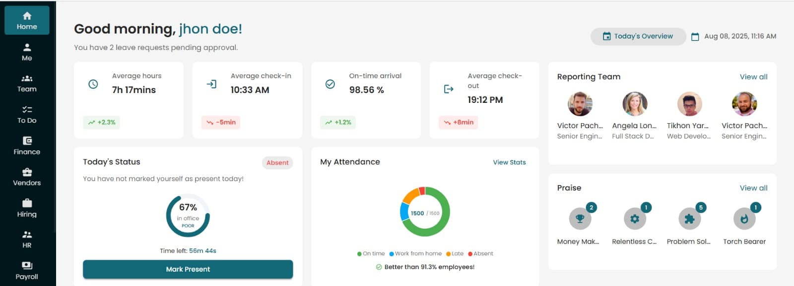QuixoHR Dashboard Interface showcasing analytics and performance metrics